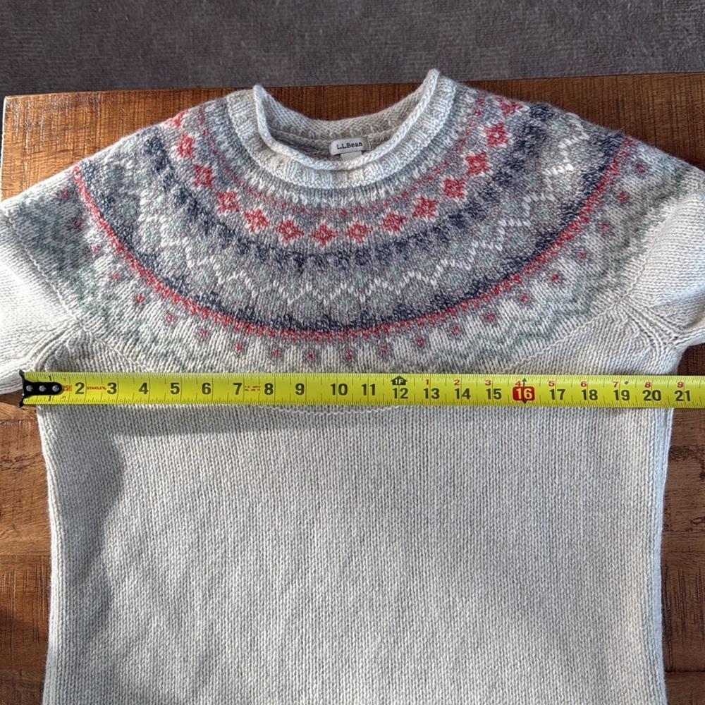 LL Bean Classic Heritage Fair Isle Cream Gray 100% Lambs Wool Women’s Sweater M - Picture 5 of 17